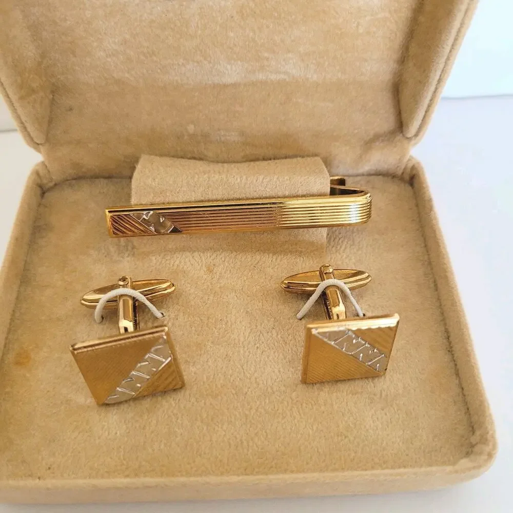 Nina Ricci French Tie Bar Clip Cufflinks Set Gold‎ Silver Tone Logo Two Tone Box